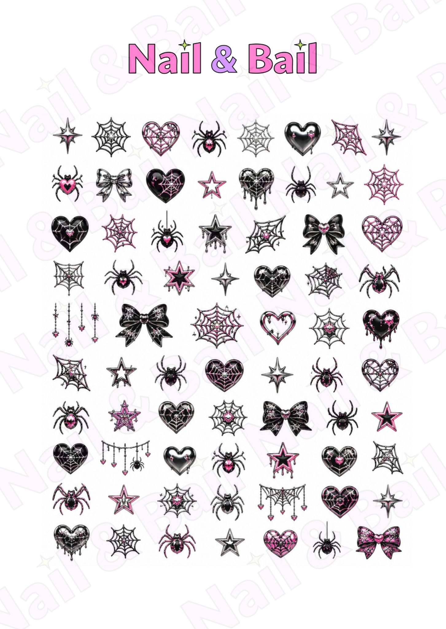 A sheet of nail decals featuring gothic chrome spider, web, heart, and bow designs in black and pink, with the text 'Nail & Bail' at the top.
