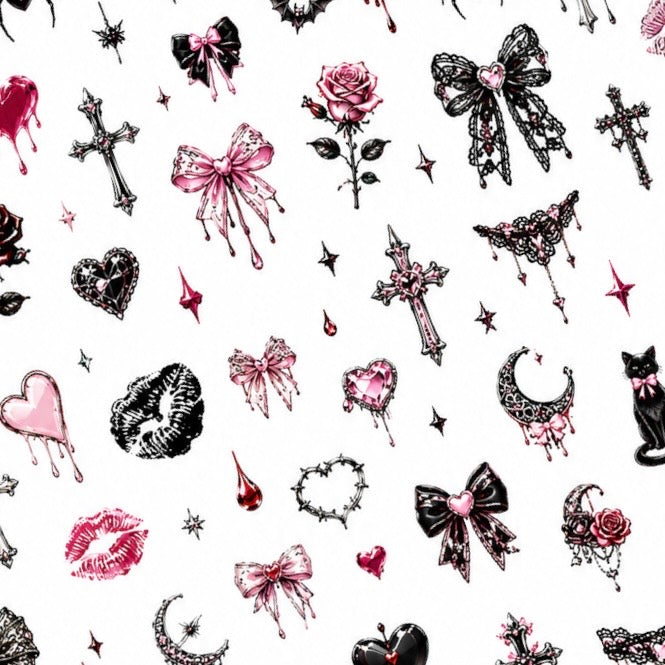 Spooky Coquette Halloween nail decal sheet with pink bows, hearts, bats, spiders and gothic details