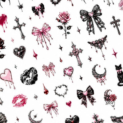 Spooky Coquette Halloween nail decal sheet with pink bows, hearts, bats, spiders and gothic details