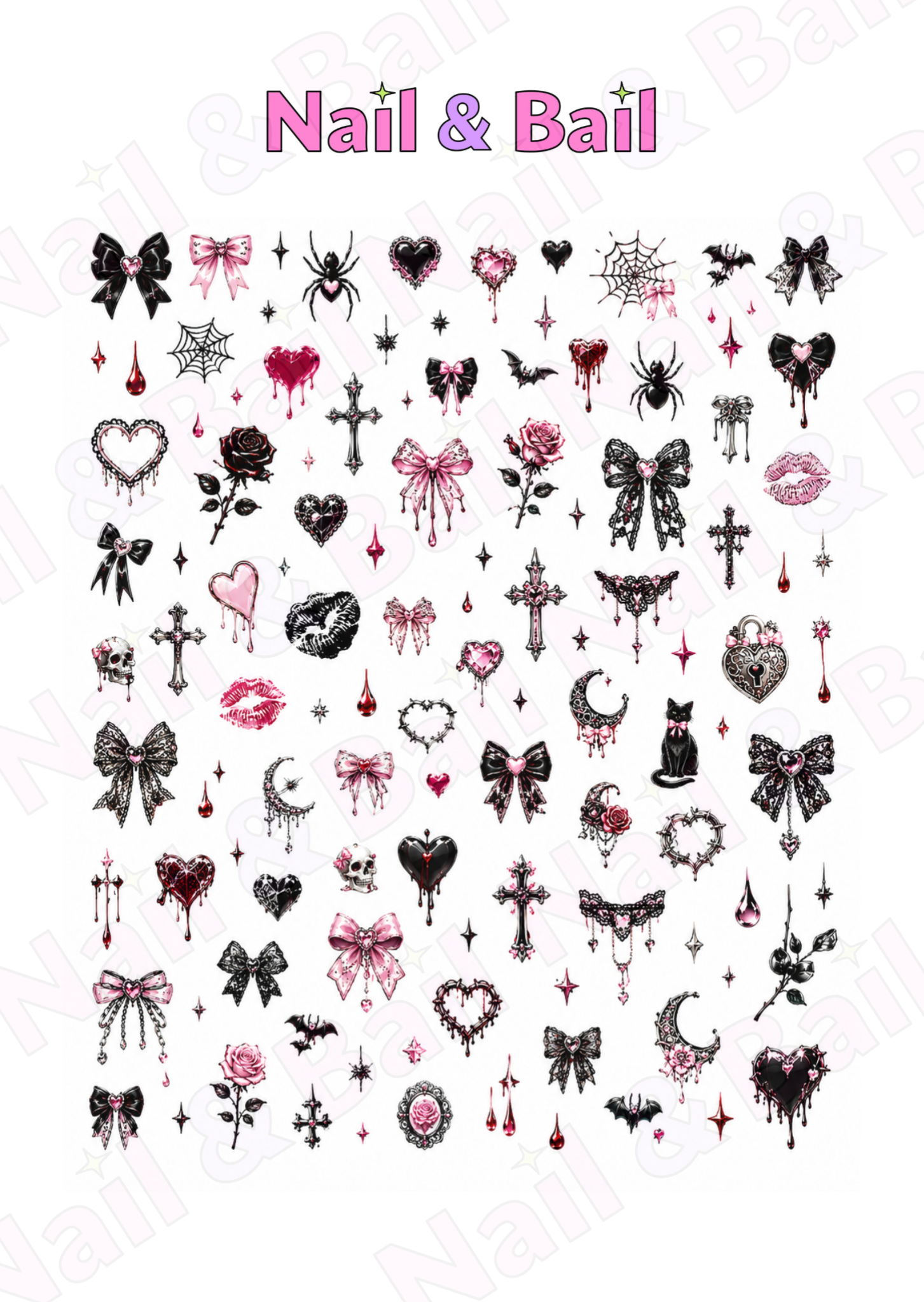 A sheet of gothic-themed nail art decals featuring various designs such as bows, crosses, hearts, spiders, roses, and moons in black, pink, and red, with the text 'Nail & Bail' at the top.