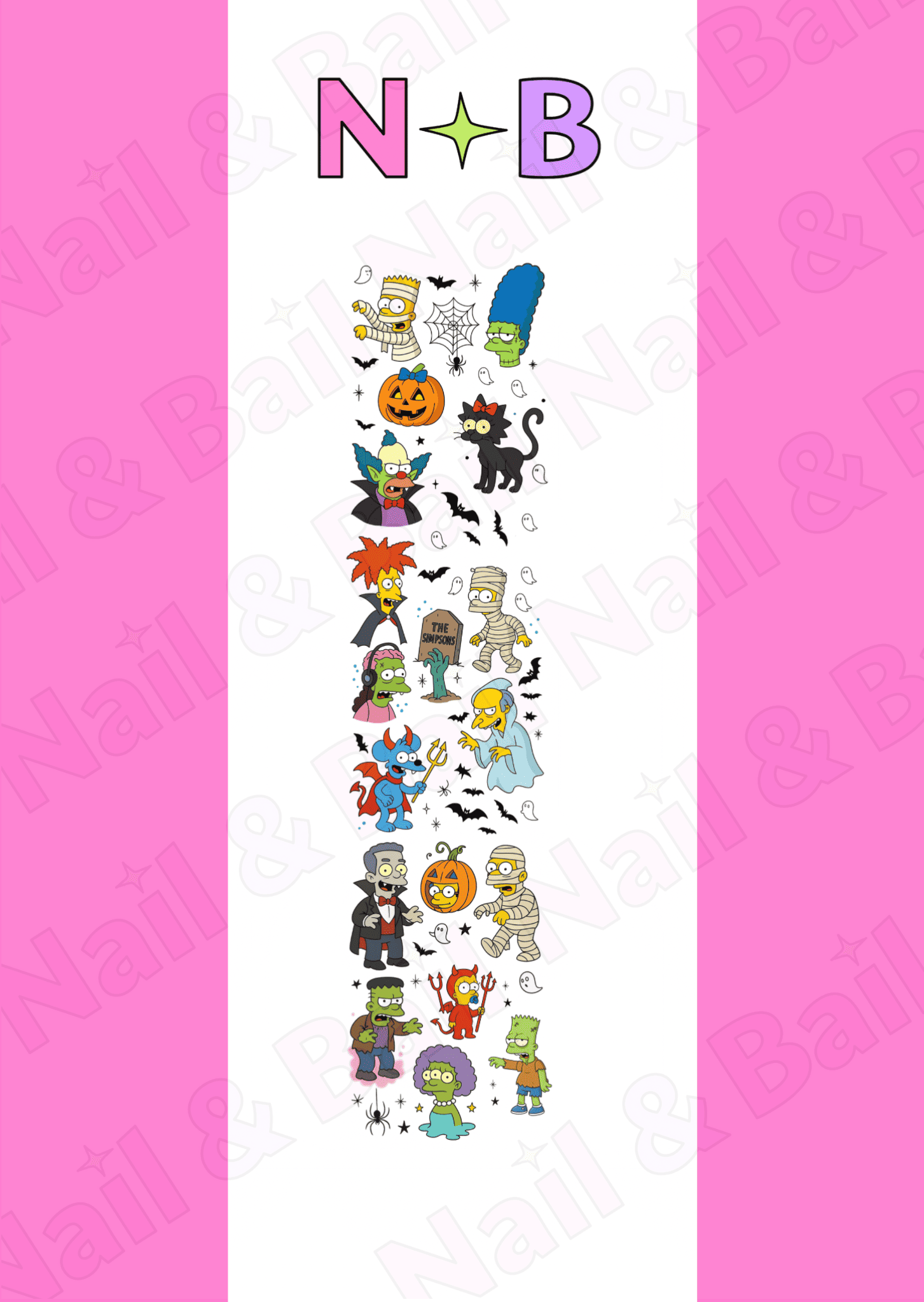 Sheet of halloween simpsons nail art decals with 'Nail & Bail' branding.