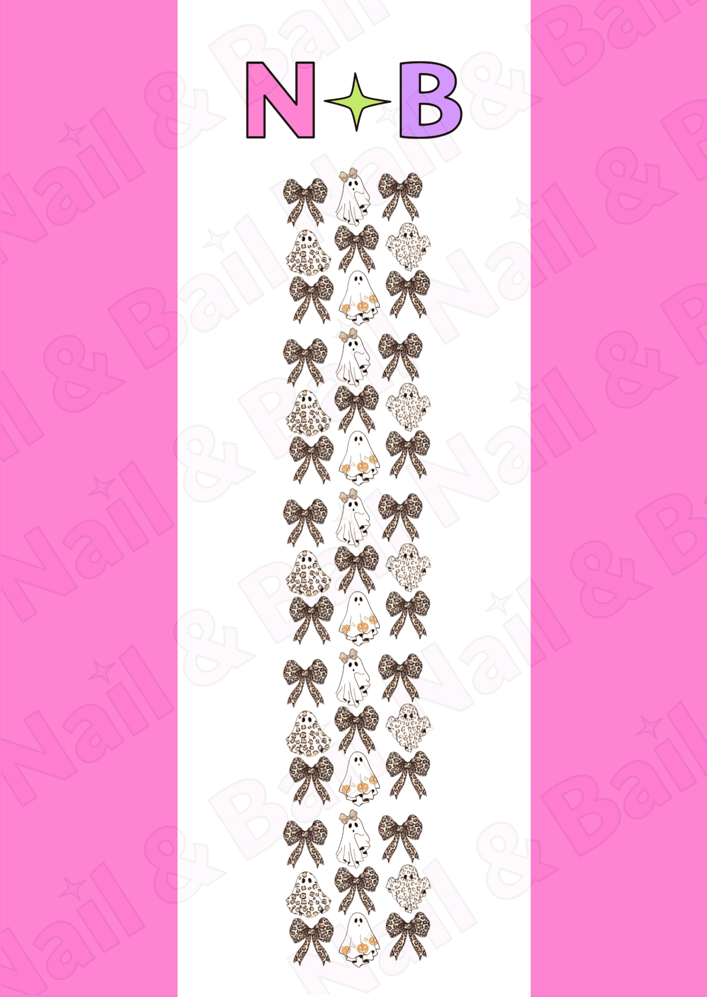Sheet of leopard print ghost and bow nail art decals with 'Nail & Bail' branding.