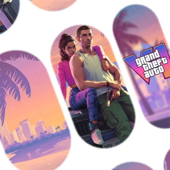 Retro coastal gta 6 nail decals featuring colourful character artwork, sunsets and tropical palm trees