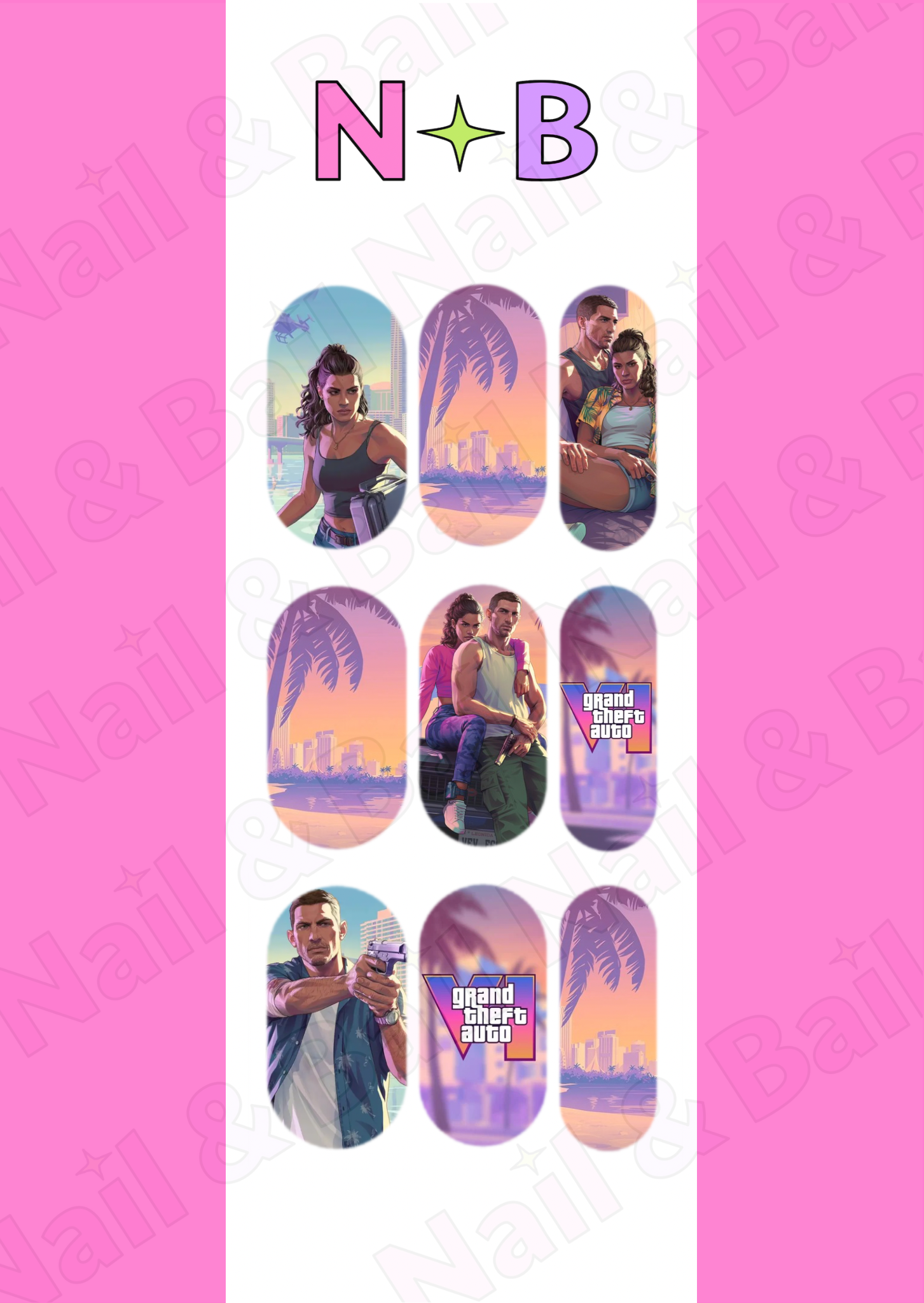 Tropical nail decals with retro sunset scenery, colourful gta 6 characters and palm tree artwork