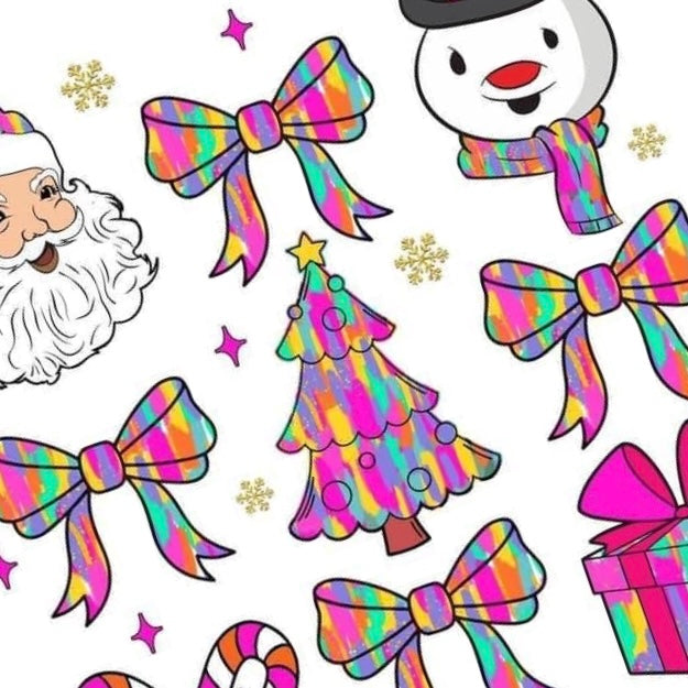 Trippy Christmas nail decals featuring rainbow pastel Christmas trees, Santas, snowmen, candy canes, bows, and presents