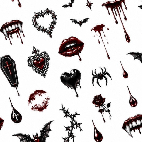 Close-up vampire nail decals featuring fangs, coffin designs, dripping hearts, roses and gothic crosses.