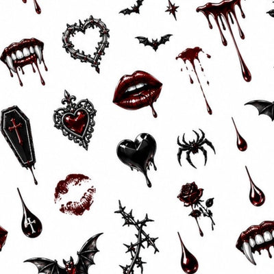 Close-up vampire nail decals featuring fangs, coffin designs, dripping hearts, roses and gothic crosses.