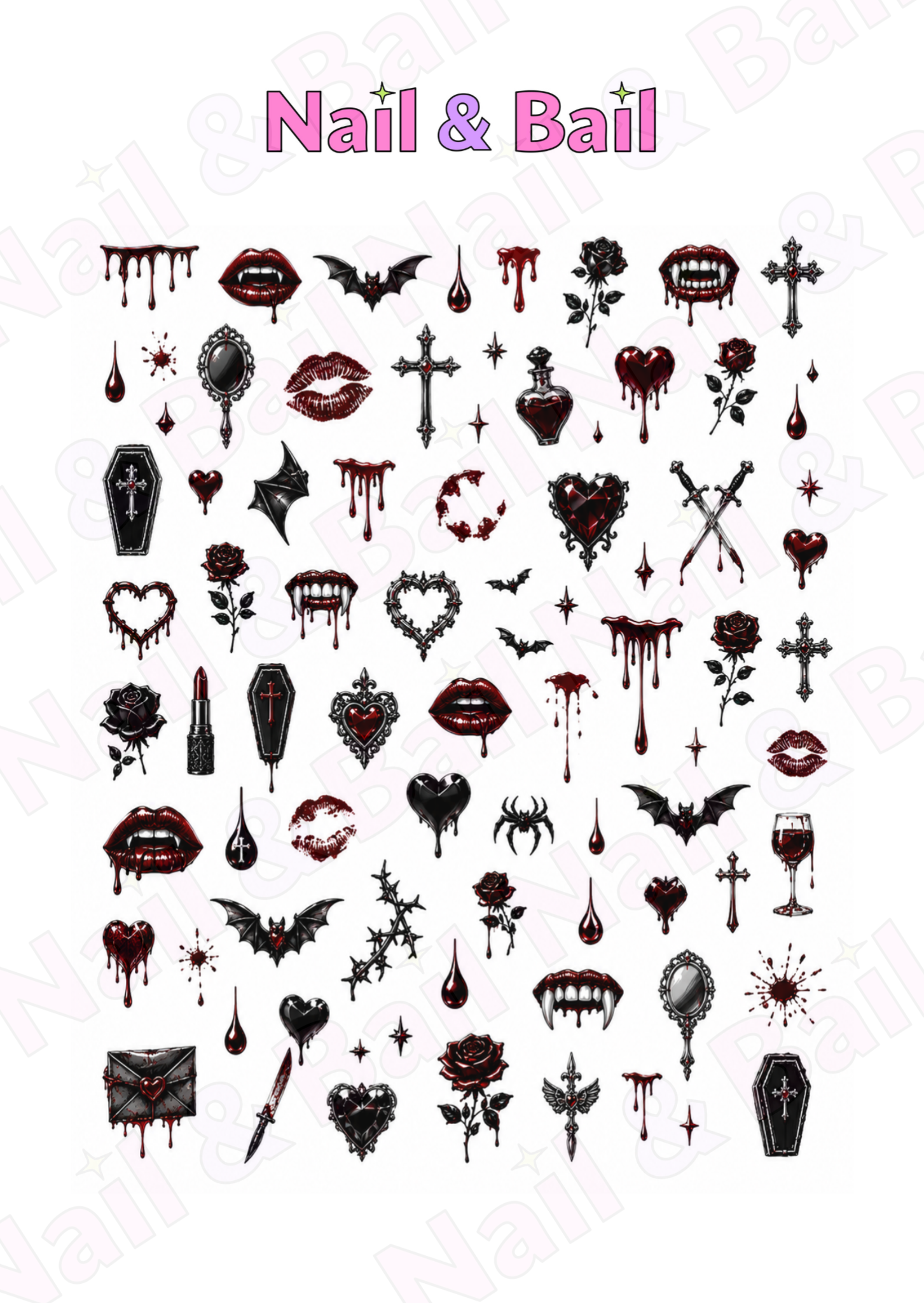 Vampire Kisses Halloween nail decal sheet with red lips, blood drips, roses, bats and gothic hearts.