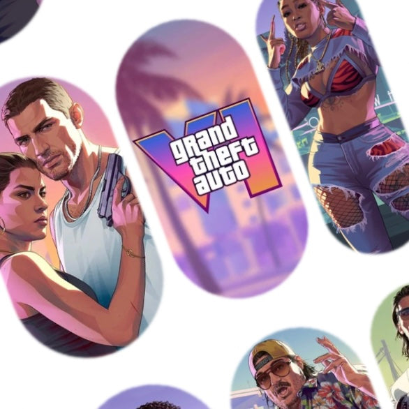 Retro-inspired nail decals with gta 6 characters, tropical scenery and colourful open-world artwork