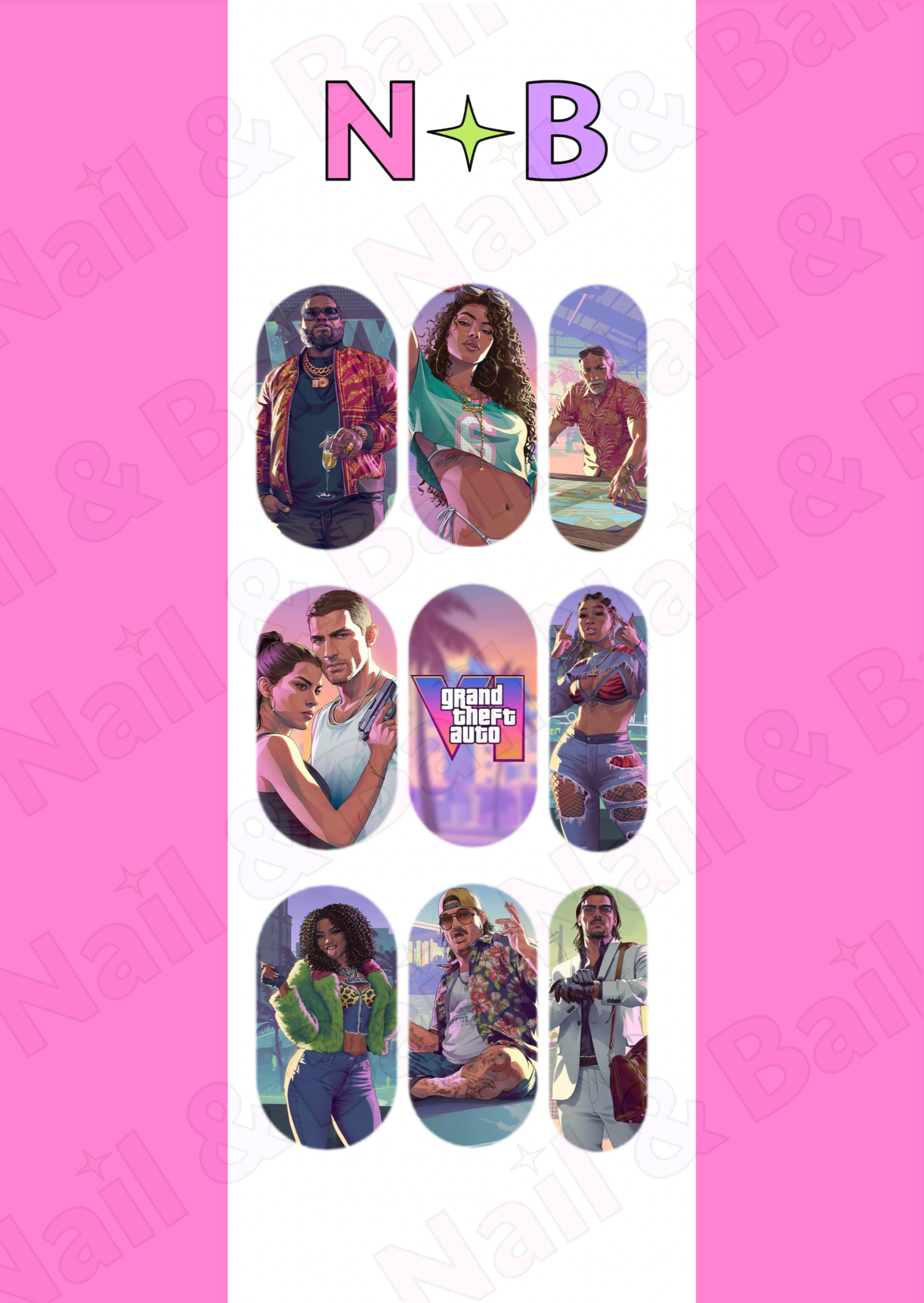 Neon vice city coastal nail decals featuring colourful gta 6 character artwork, palm trees and retro city-inspired designs