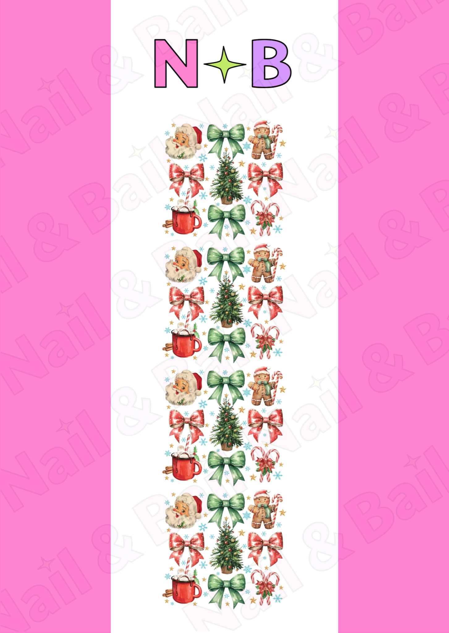 Christmas nail decals with nostalgic Santa designs, gingerbread men, candy canes, and festive holiday artwork