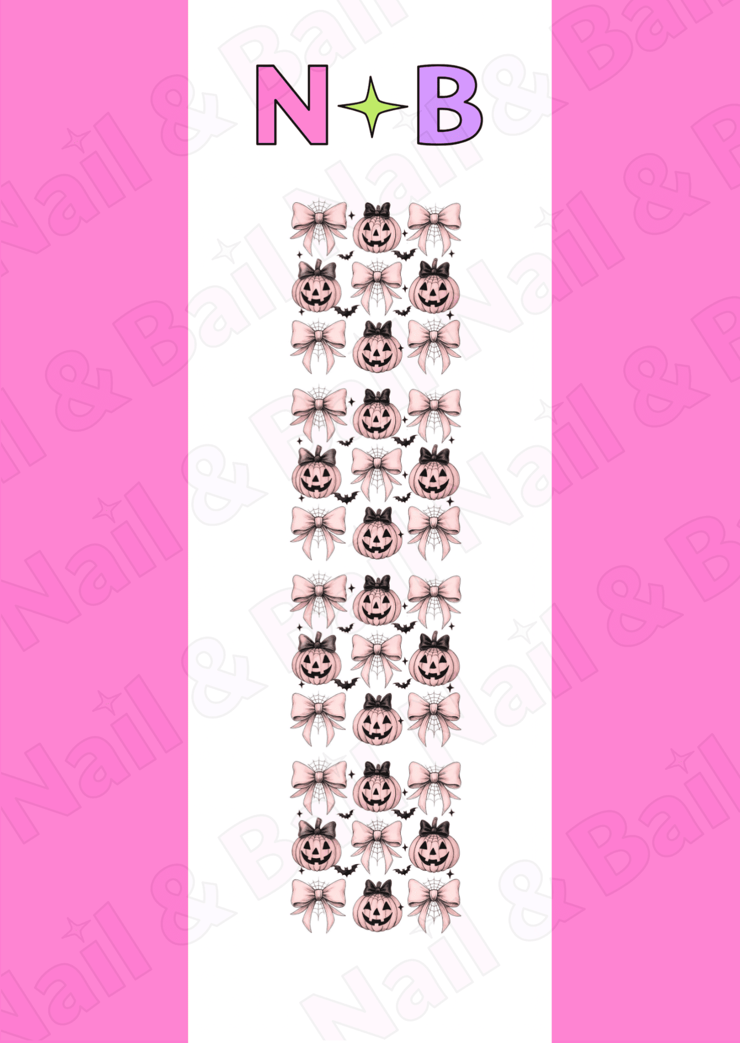 Sheet of pink pumpkins and bows nail art decals with 'Nail & Bail' branding.