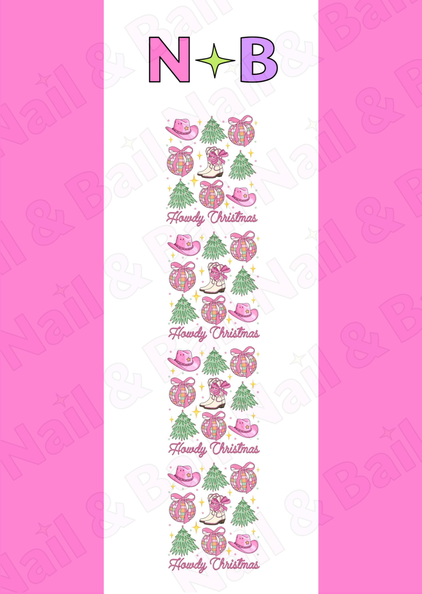 Western-inspired Christmas nail decals with pink cowgirl hats, plaid baubles, and holiday nail art