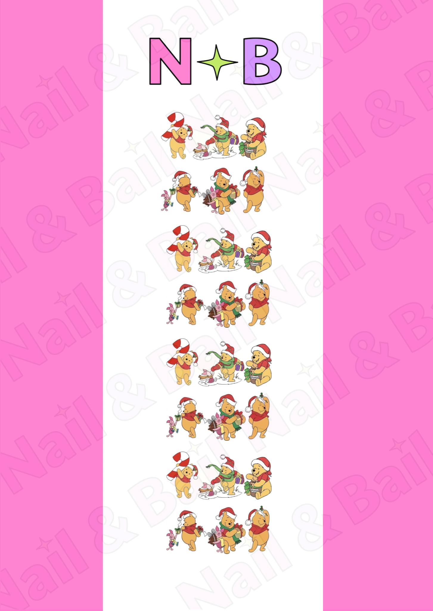 Christmas nail decals featuring Winnie the Pooh holiday designs with presents, candy canes, and festive decorations