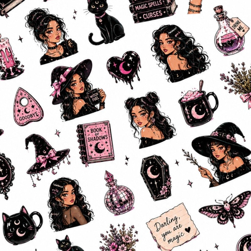 Witchy Girl Halloween nail decal sheet with potion bottles, spell books, crystals, moons and black cats.