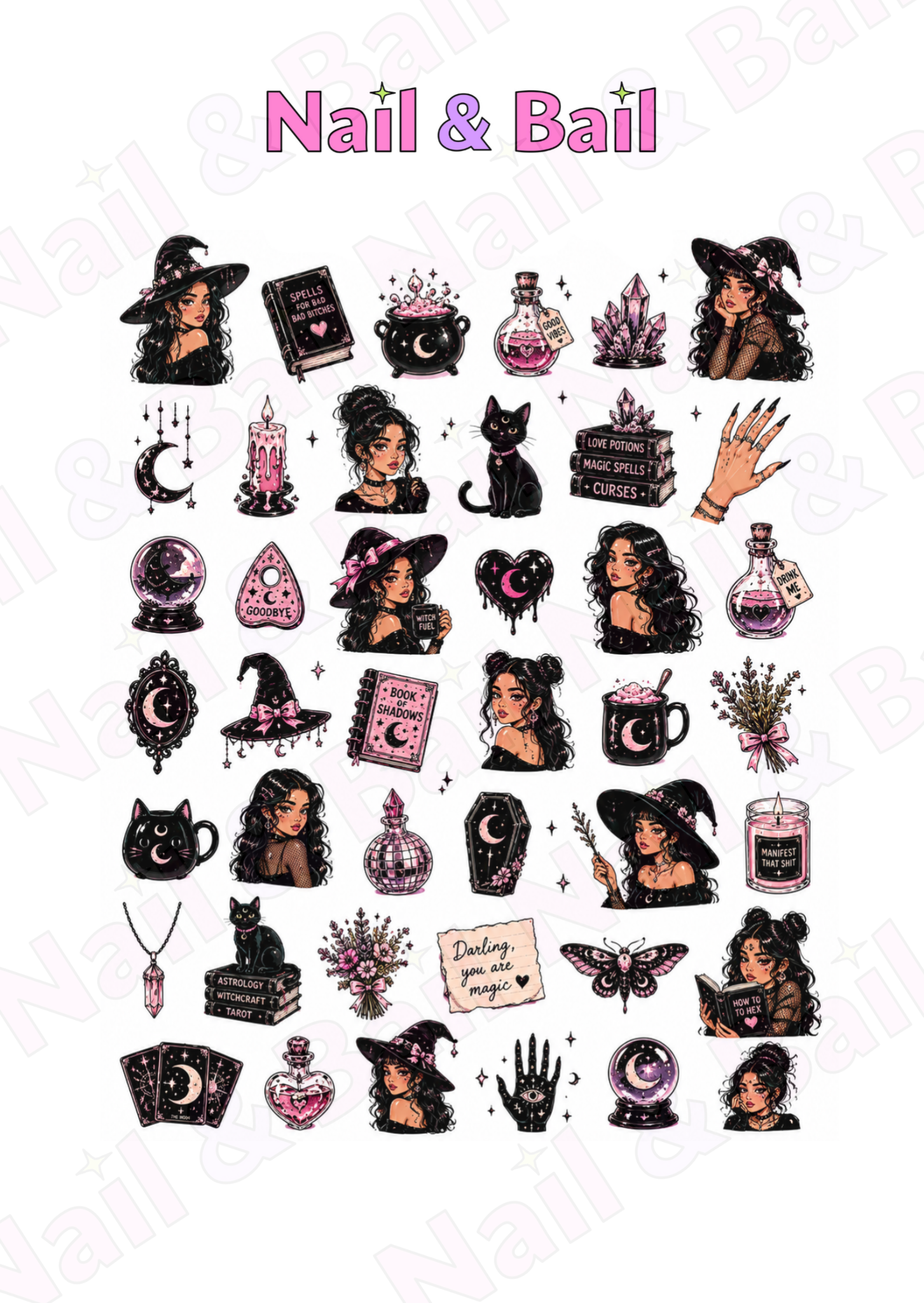 A sheet of Halloween-themed nail art stickers featuring witch illustrations, potion bottles, candles, cats, crystals, and occult symbols on a white background with 'Nail & Bail' text at the top.