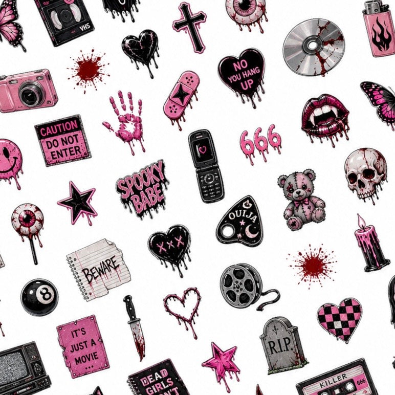 Y2K Horror Halloween nail decal sheet with flip phones, VHS tapes, skulls, knives and pink horror details.