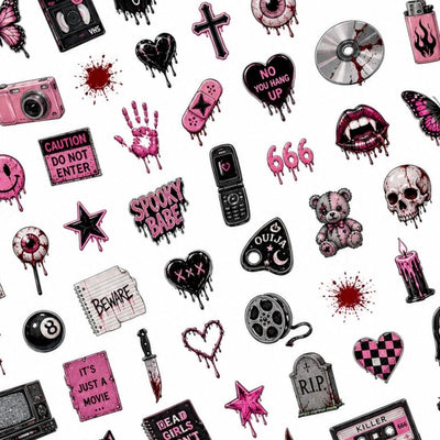 Y2K Horror Halloween nail decal sheet with flip phones, VHS tapes, skulls, knives and pink horror details.
