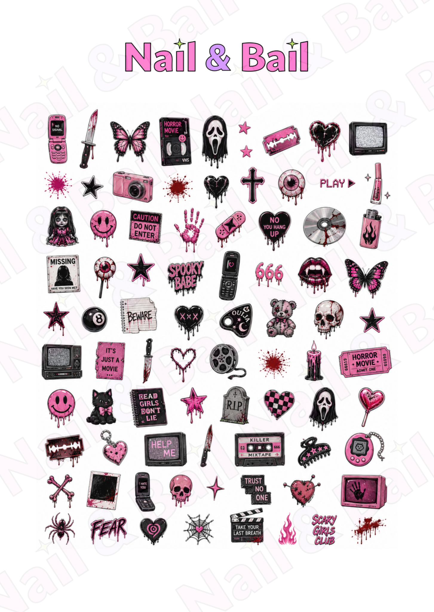 A sheet of nail art decals featuring a horror-themed design with pink and black graphics, including skulls, hearts, cassette tapes, and spooky icons, under the text 'Nail & Bail'.
