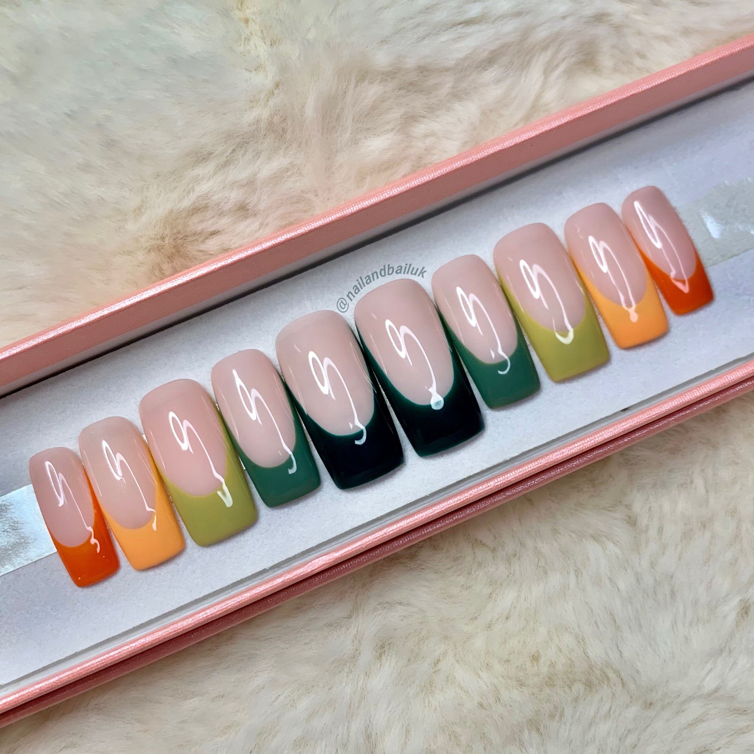 Autumn French tip press-on nails with a gradient of green and orange seasonal colours