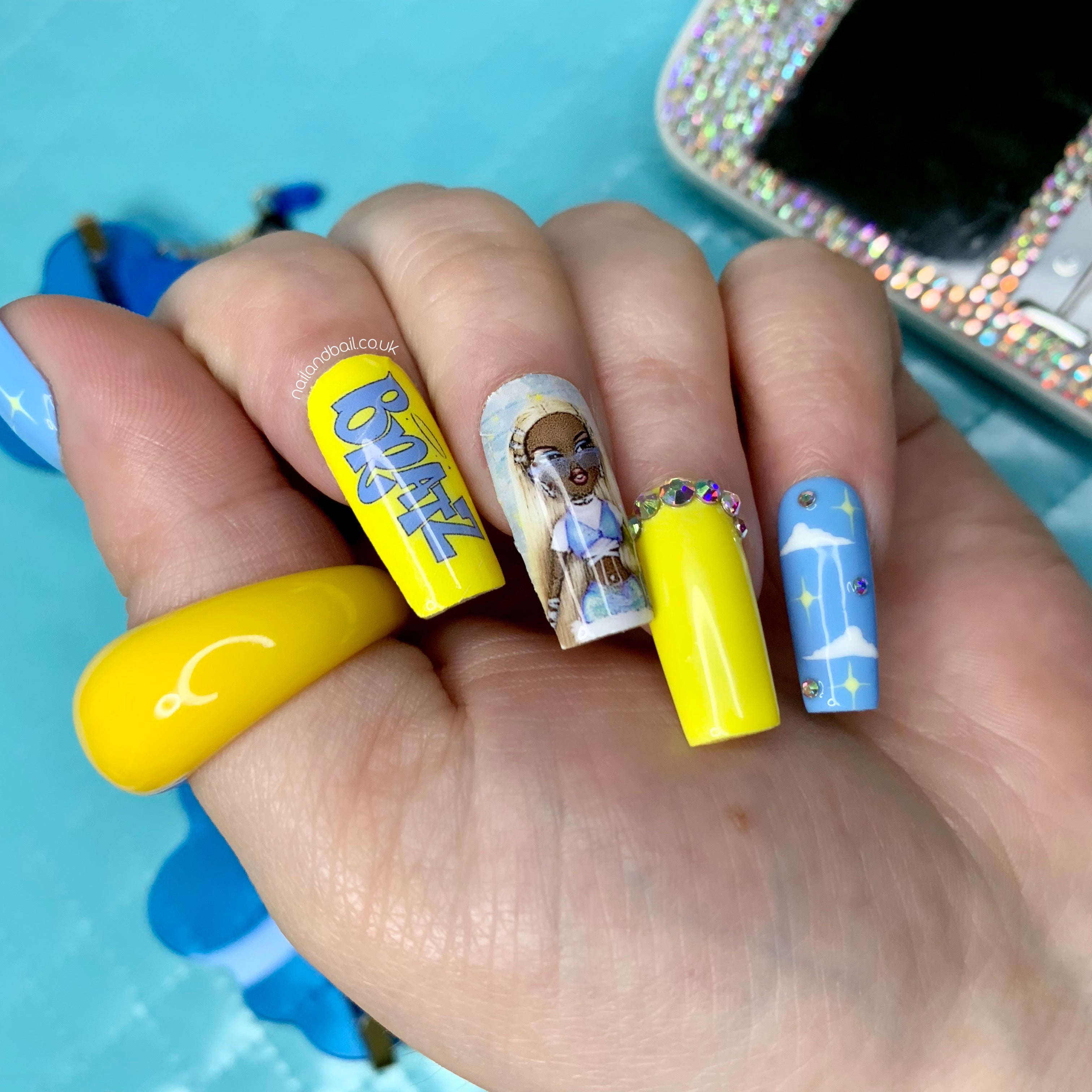 Bratz-inspired doll nail art on colourful Y2K glam press-on nails