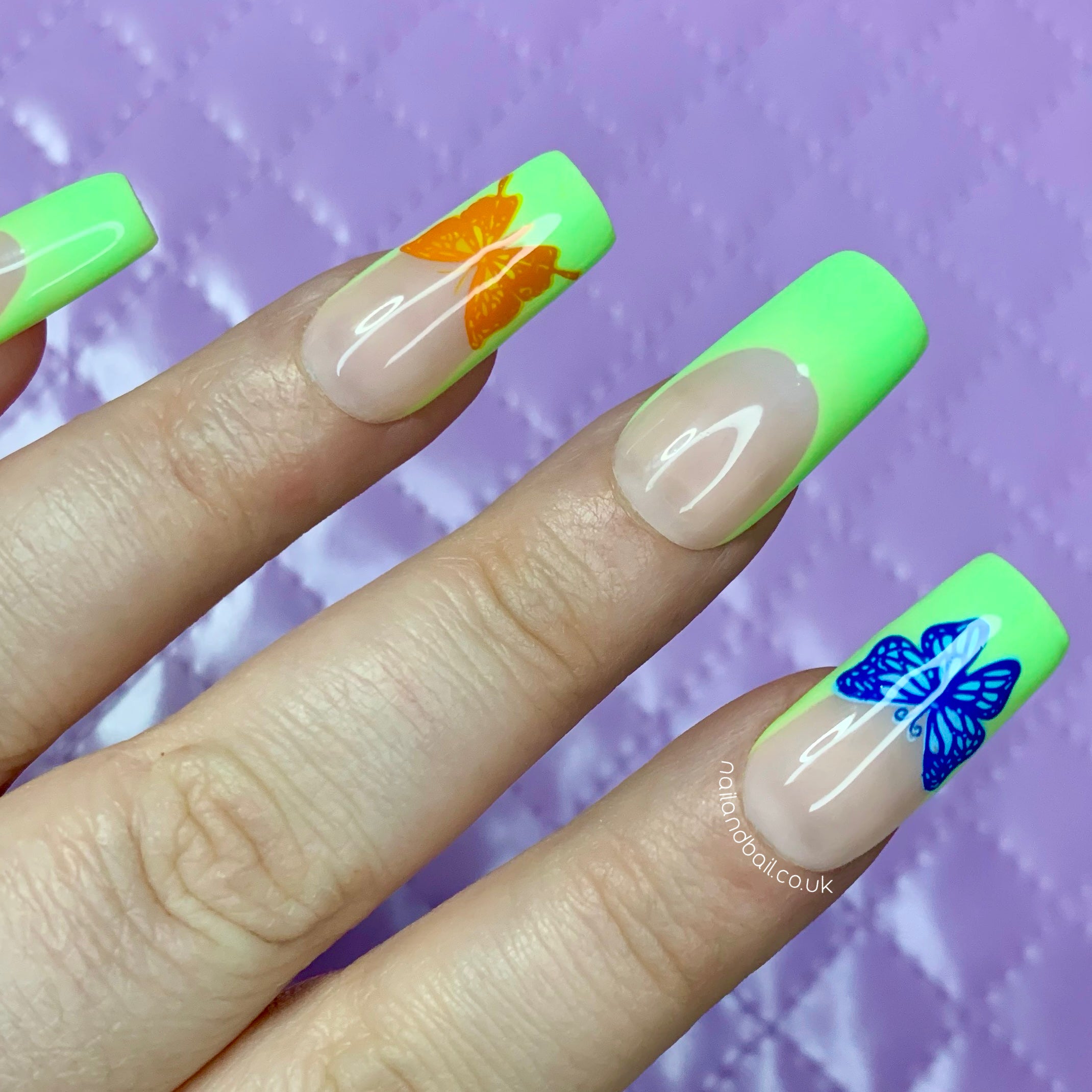 Colourful butterfly nail art on nude French tip press-on nails