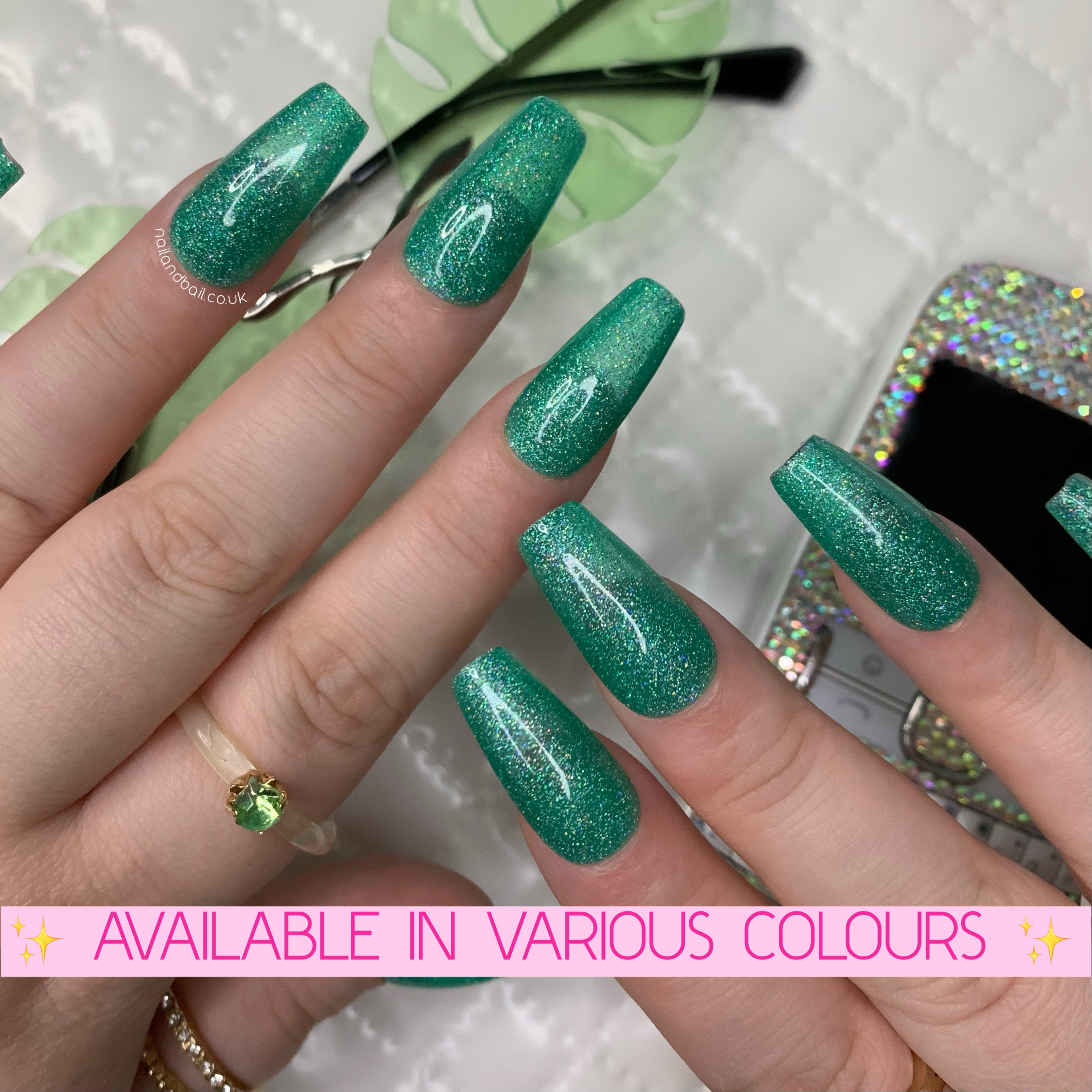 Jelly glitter press-on nails with holographic sparkle in vibrant translucent colours