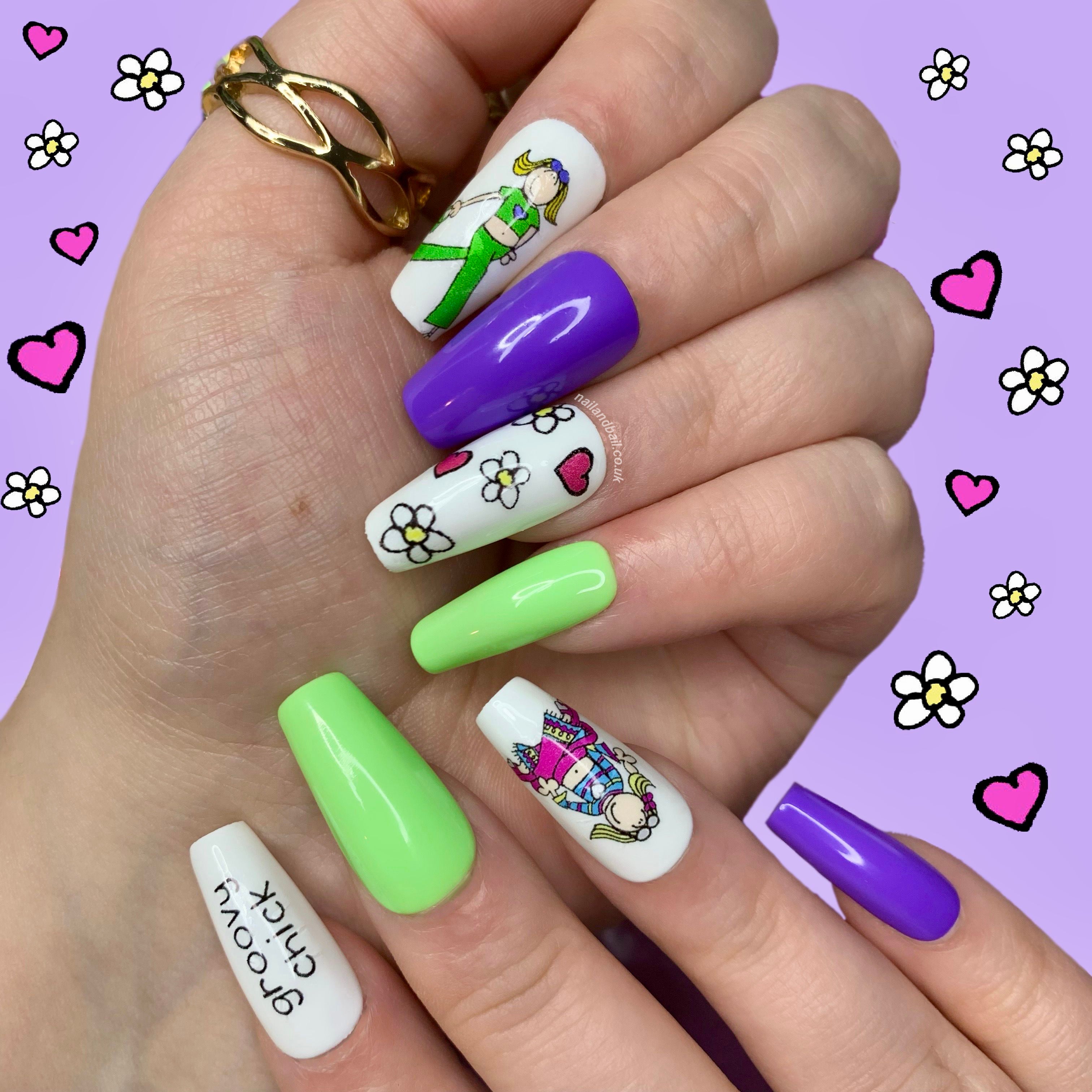 Green and purple Groovy Chick press-on nails with nostalgic character nail art and retro floral details