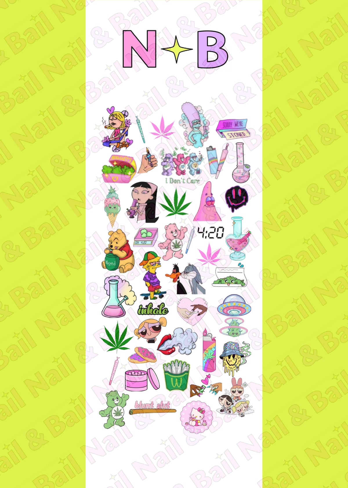 Introducing our fabulous and one-of-a-kind 420 Mashup Waterslide Nail Decals! Get ready to take your nail game to a whole new level of cuteness and fun. These handmade beauties are perfect for all the herb enthusiasts out there who want to express their love for all things 420 in the most adorable way possible.