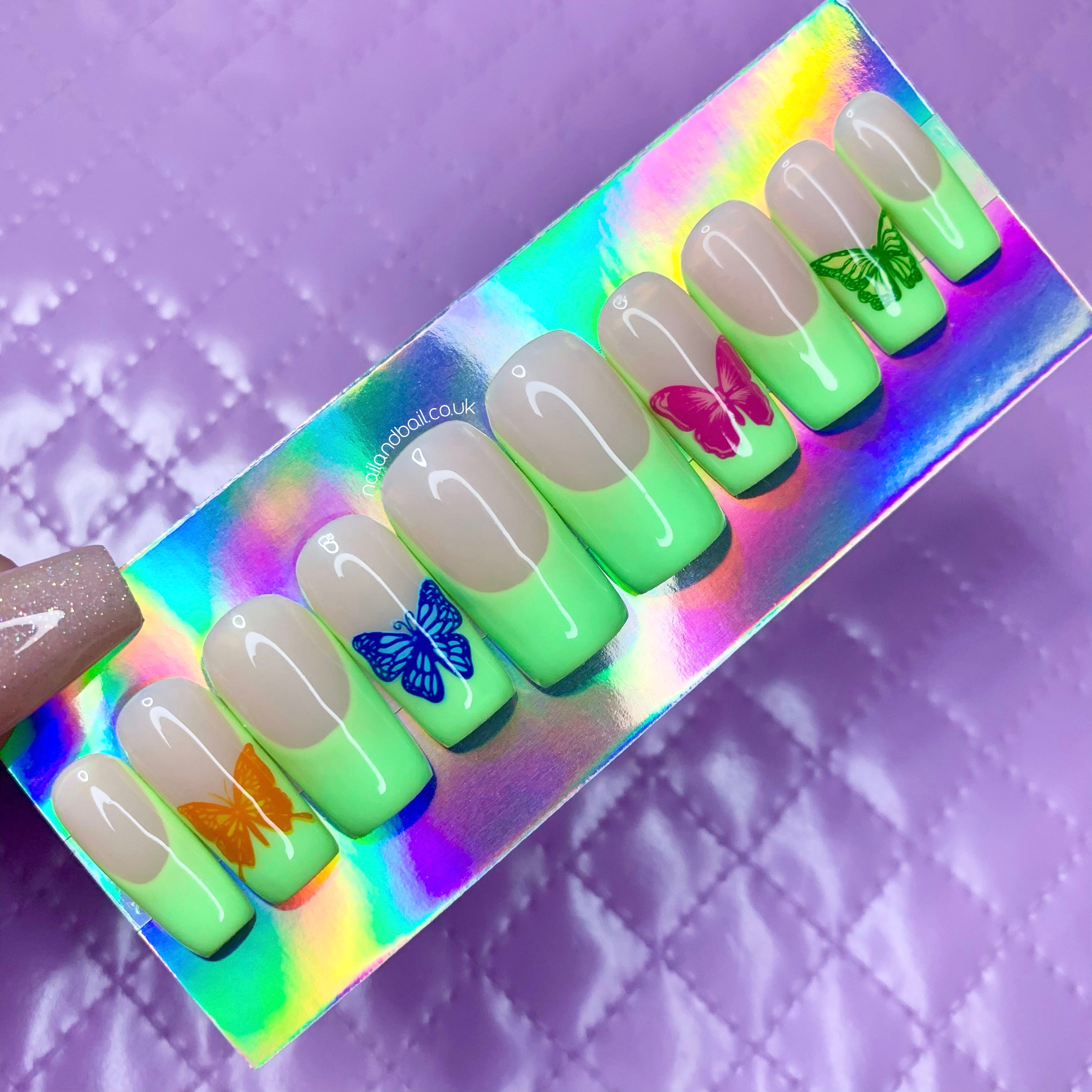 Green French tip bright butterfly press on nails