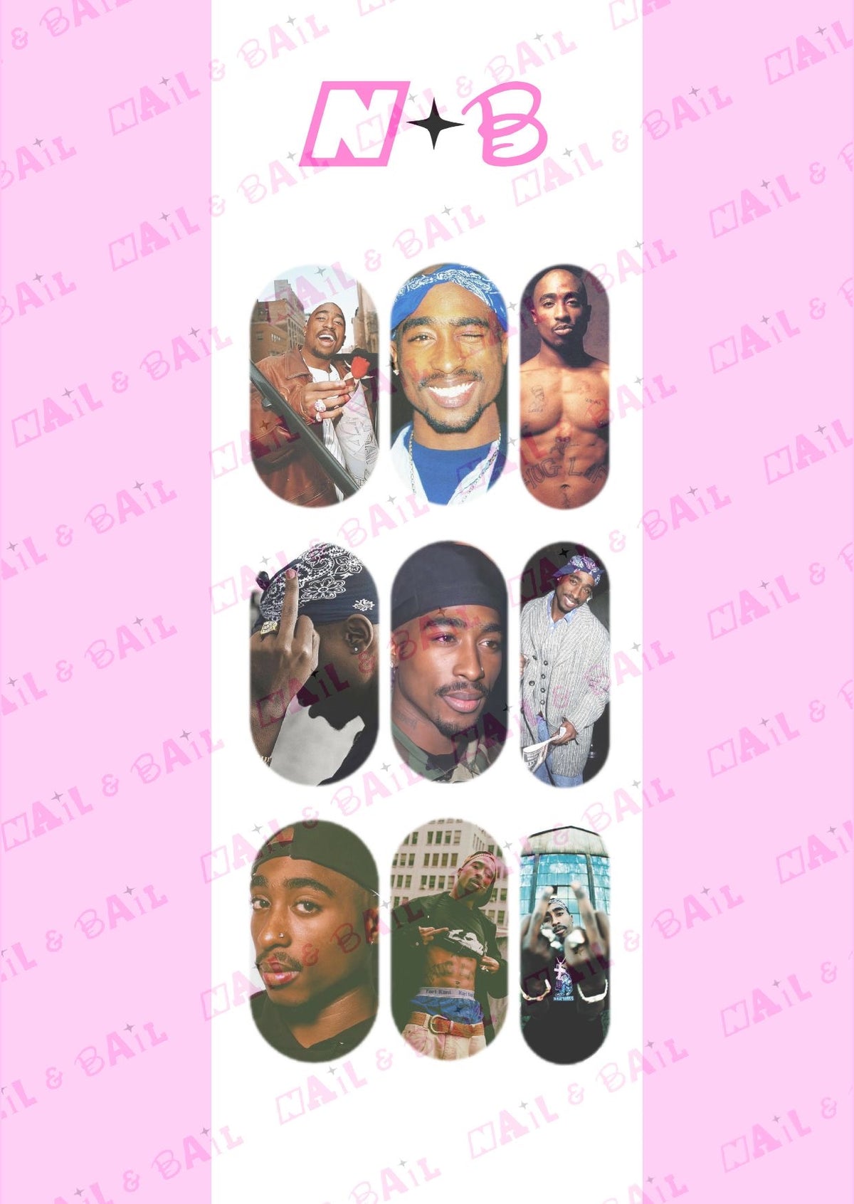 Introducing our "All Eyez On Me" Nail Decals – a tribute to the rap legend! Capture the essence of the iconic artist with bold imagery and lasting wear. Whether you're a devoted fan or seeking musical inspiration, these decals are a standout choice for your nail makeover. Let your nails tell a story with our "All Eyez On Me" Nail Decals.