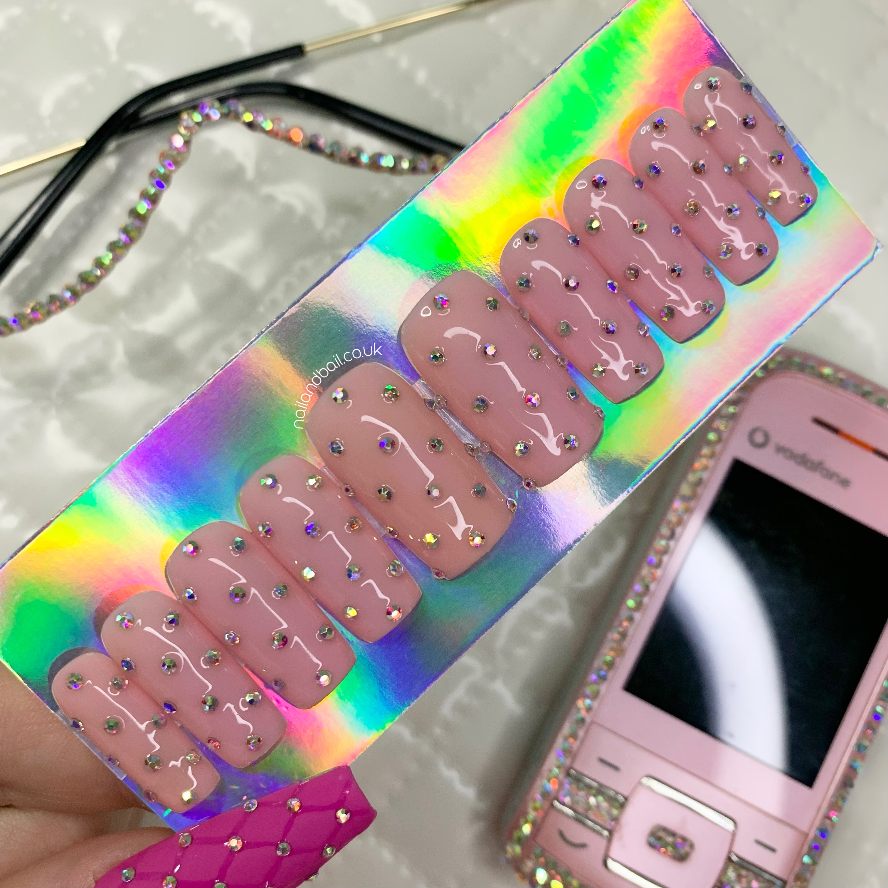 Pink nude diamond press on nails