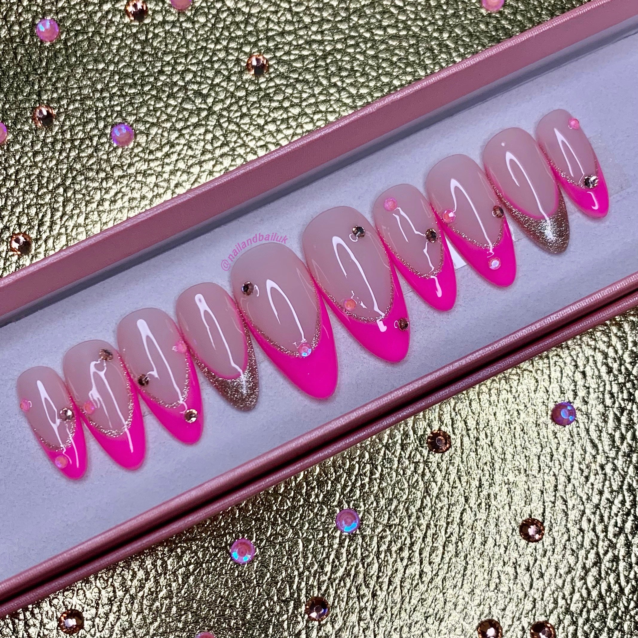 Pink and champagne french tips with bling press on nails