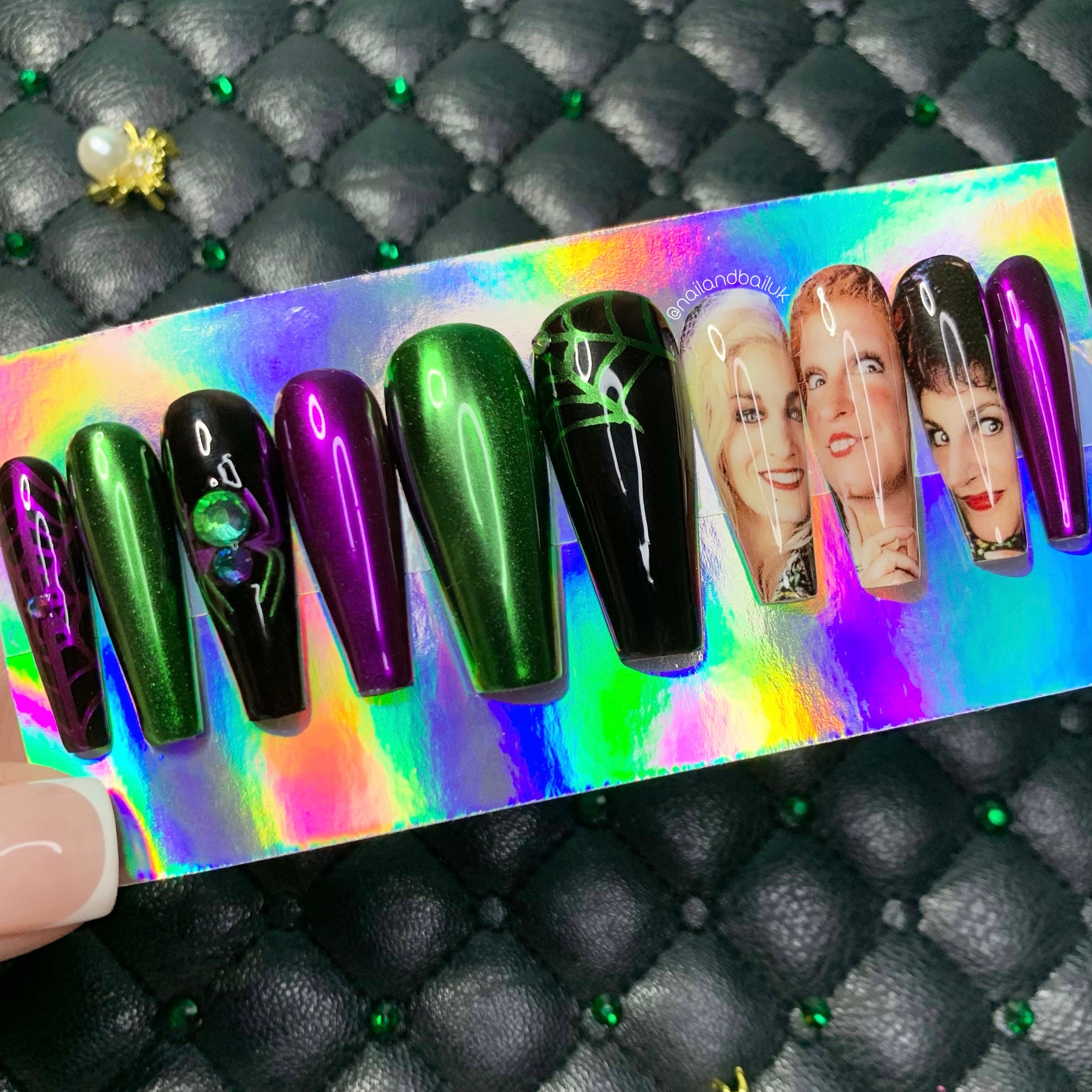 Purple and Green chrome Hocus Pocus halloween press on nails