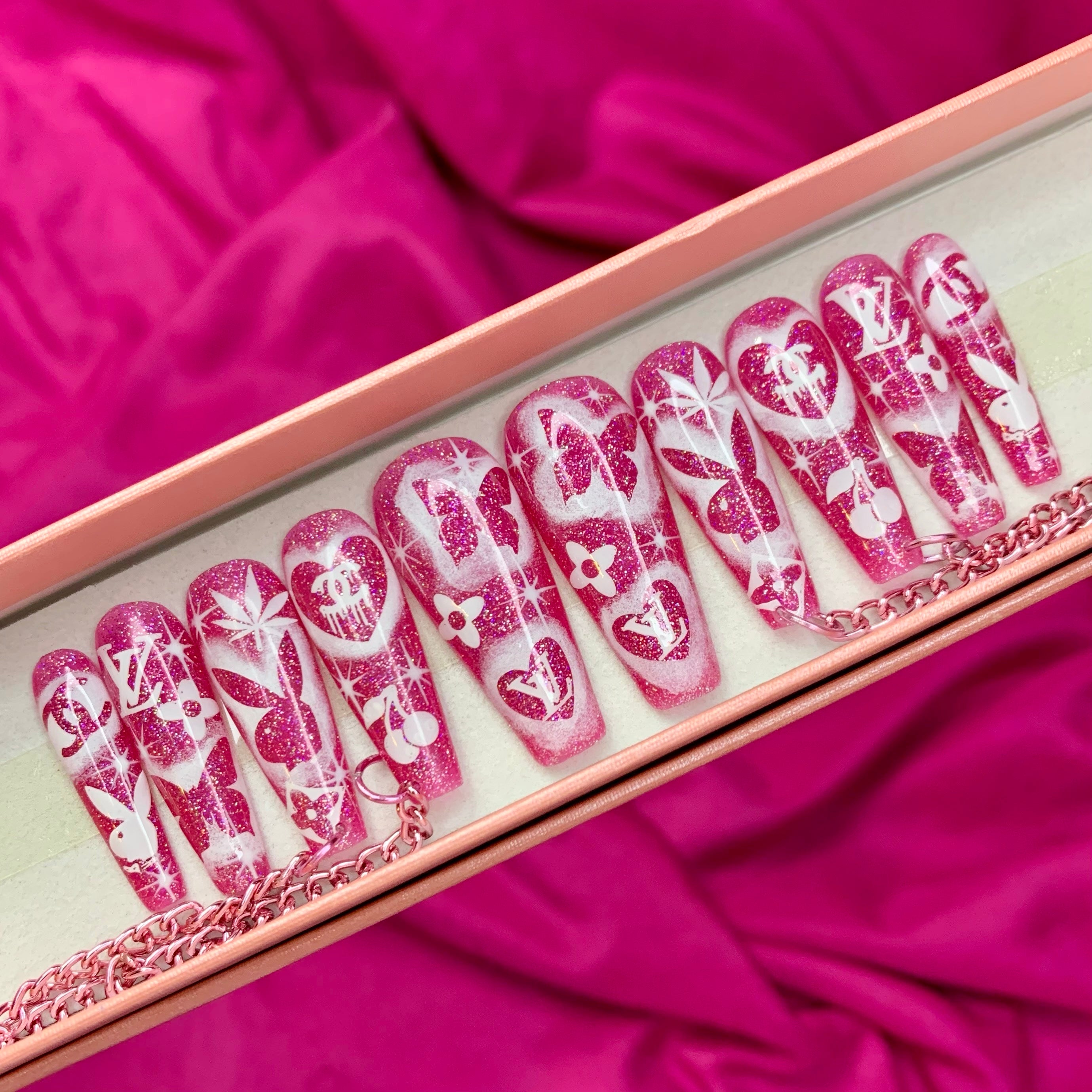 Pink and white airbrush mashup press on nails