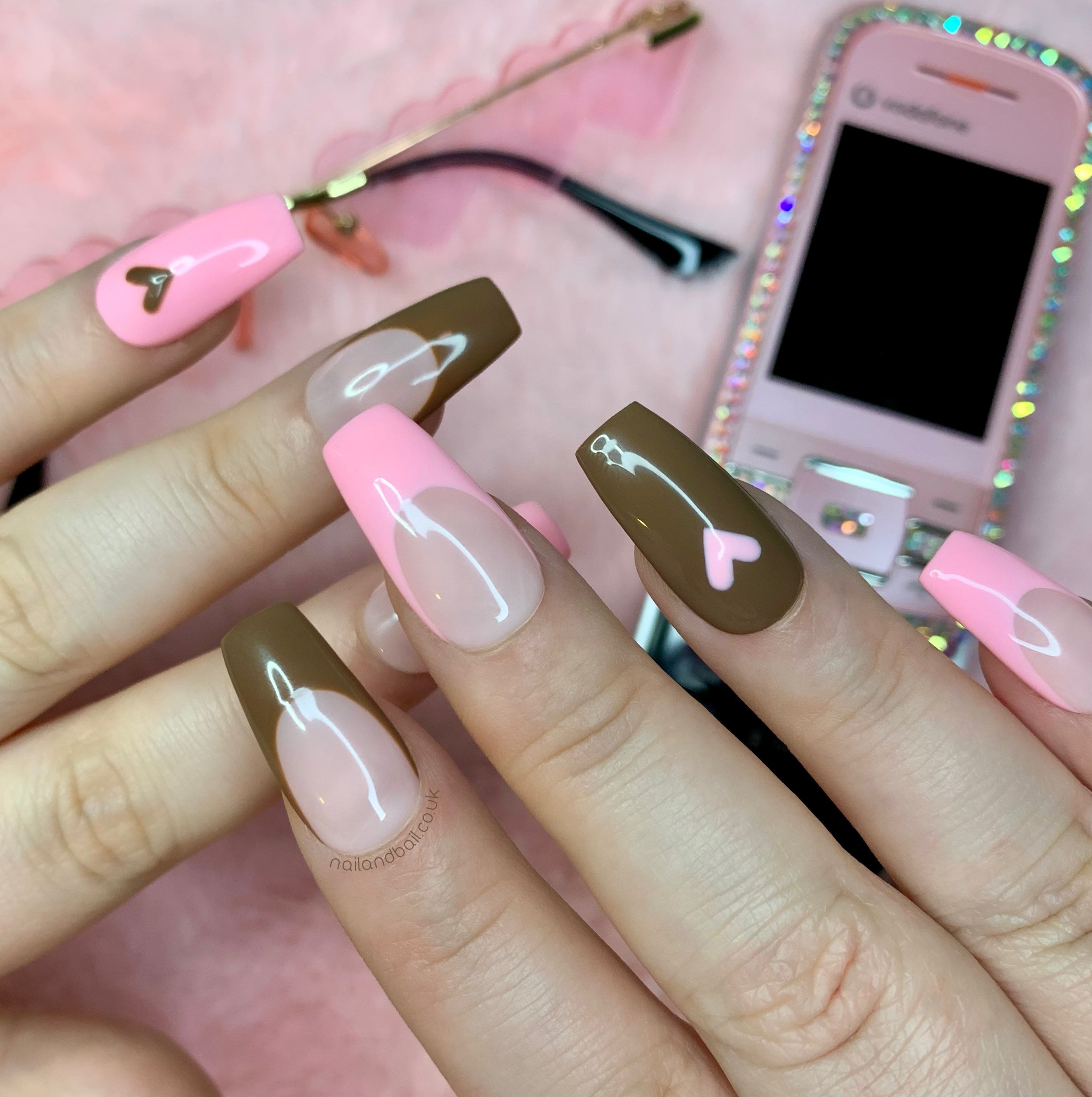 Pink and brown french tip heart press on nails
