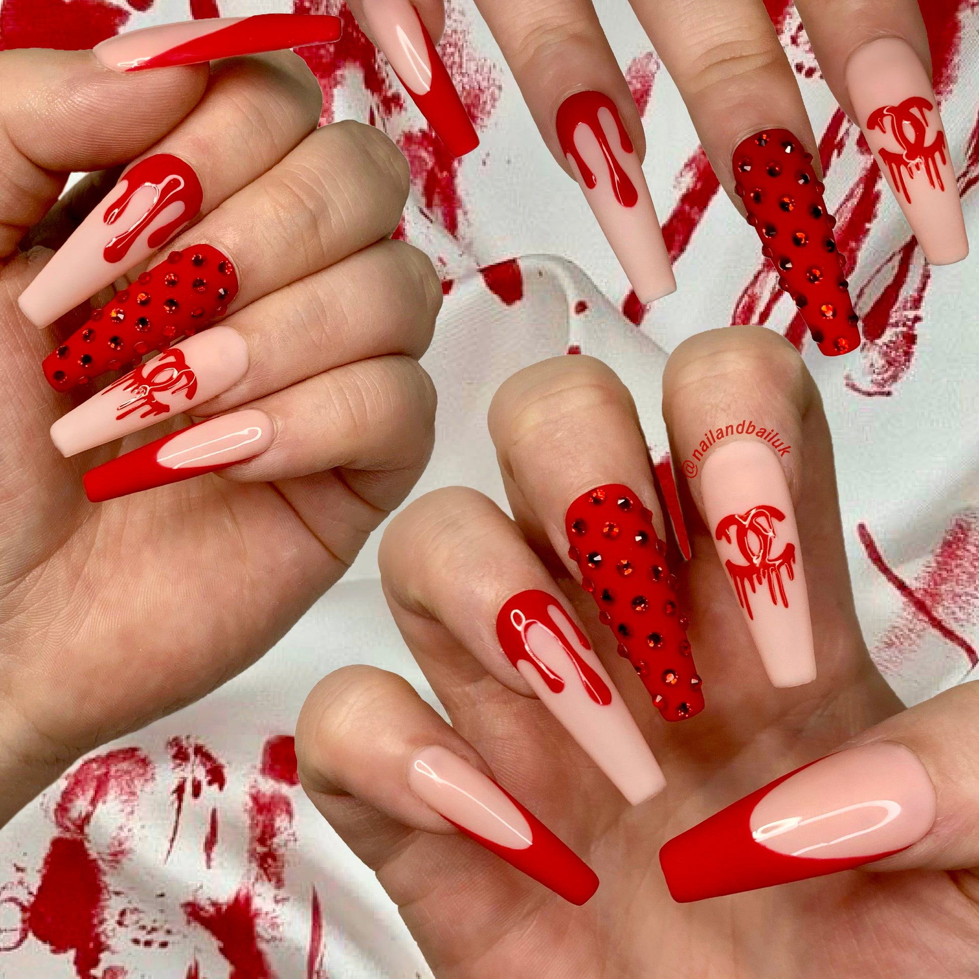 Red Chanel Bloody Halloween Press On Nails, Nail & Bail
