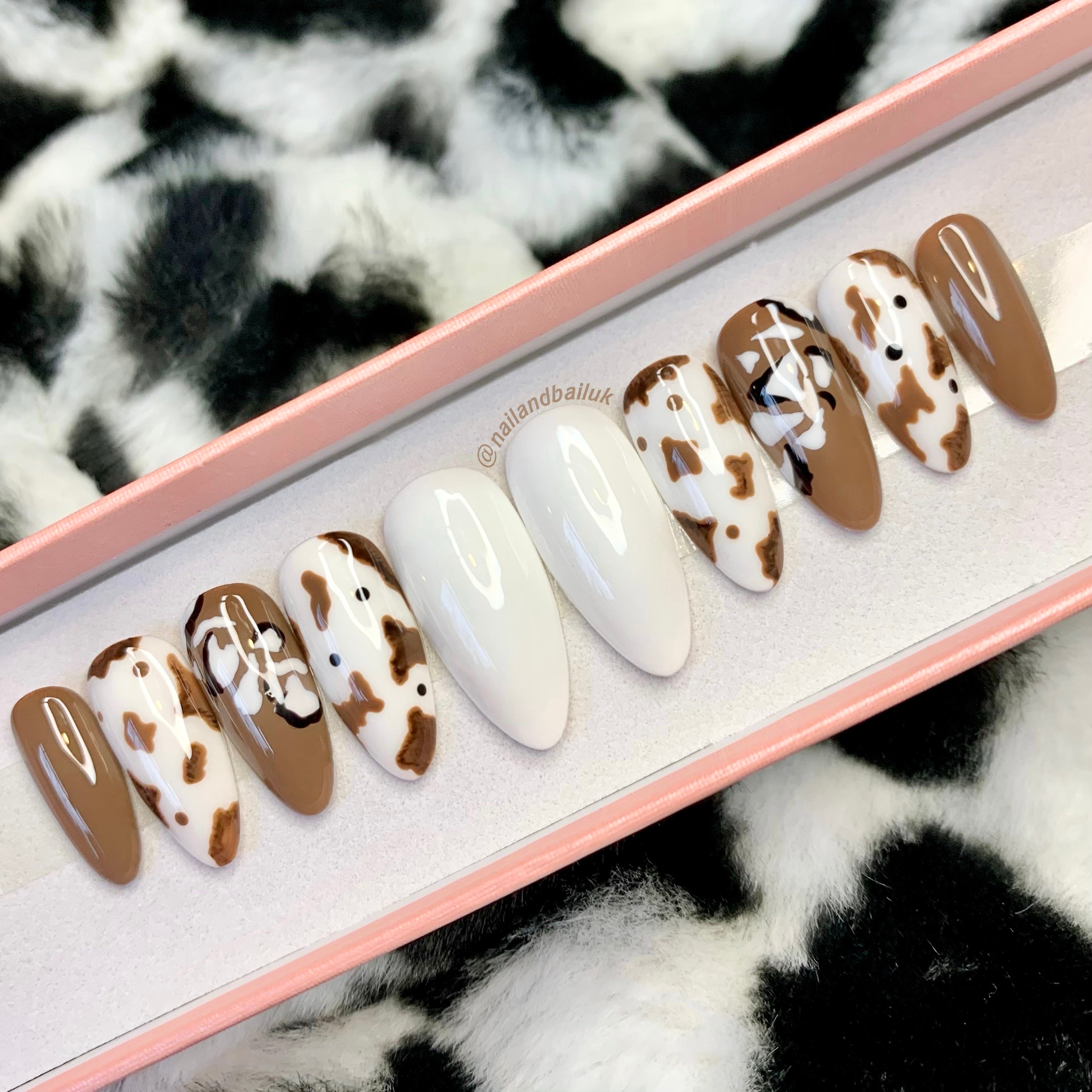 White and brown cow print press on nails