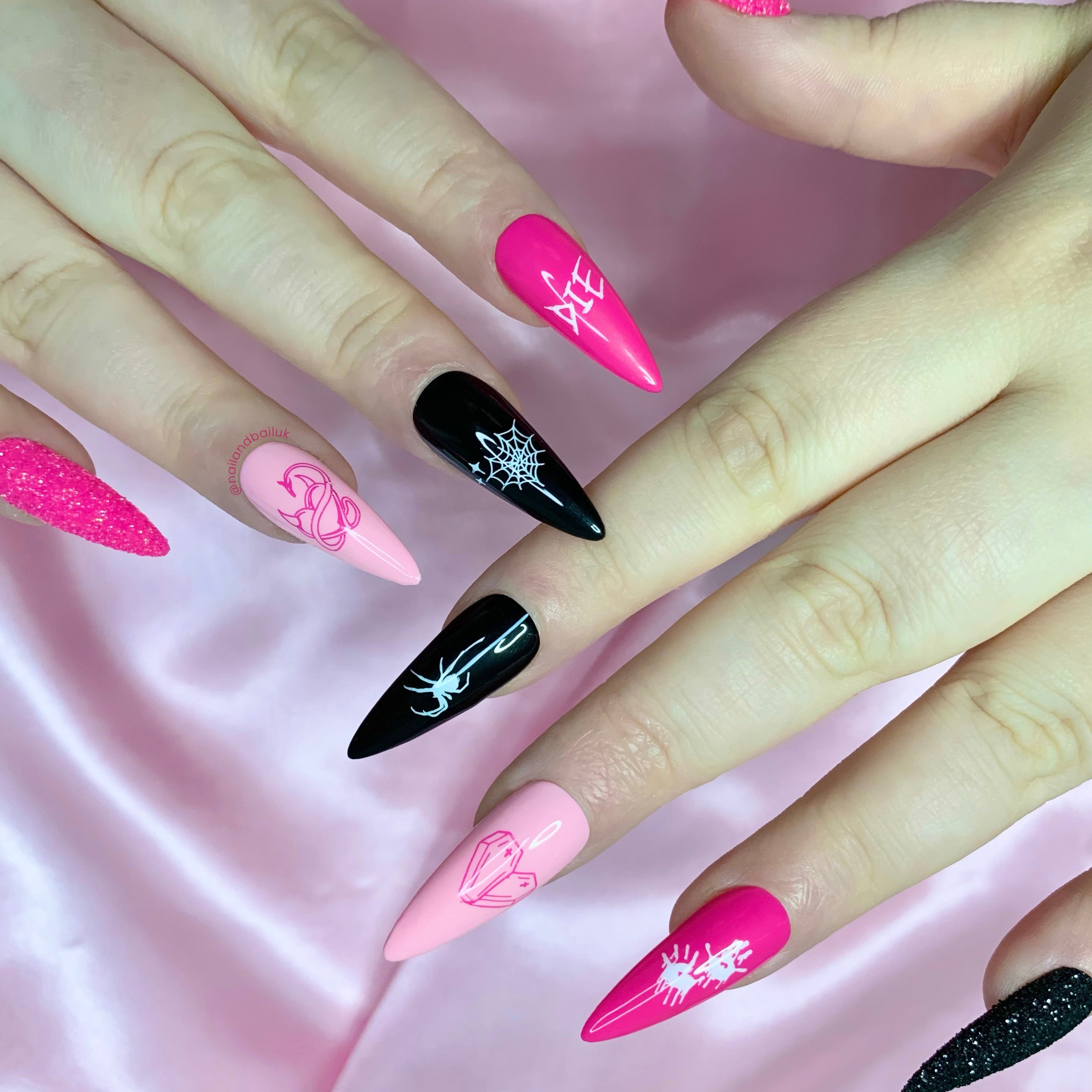 Gothic Valentine press-on nails with spiders, coffin hearts, devil details, and sugared glitter nail art