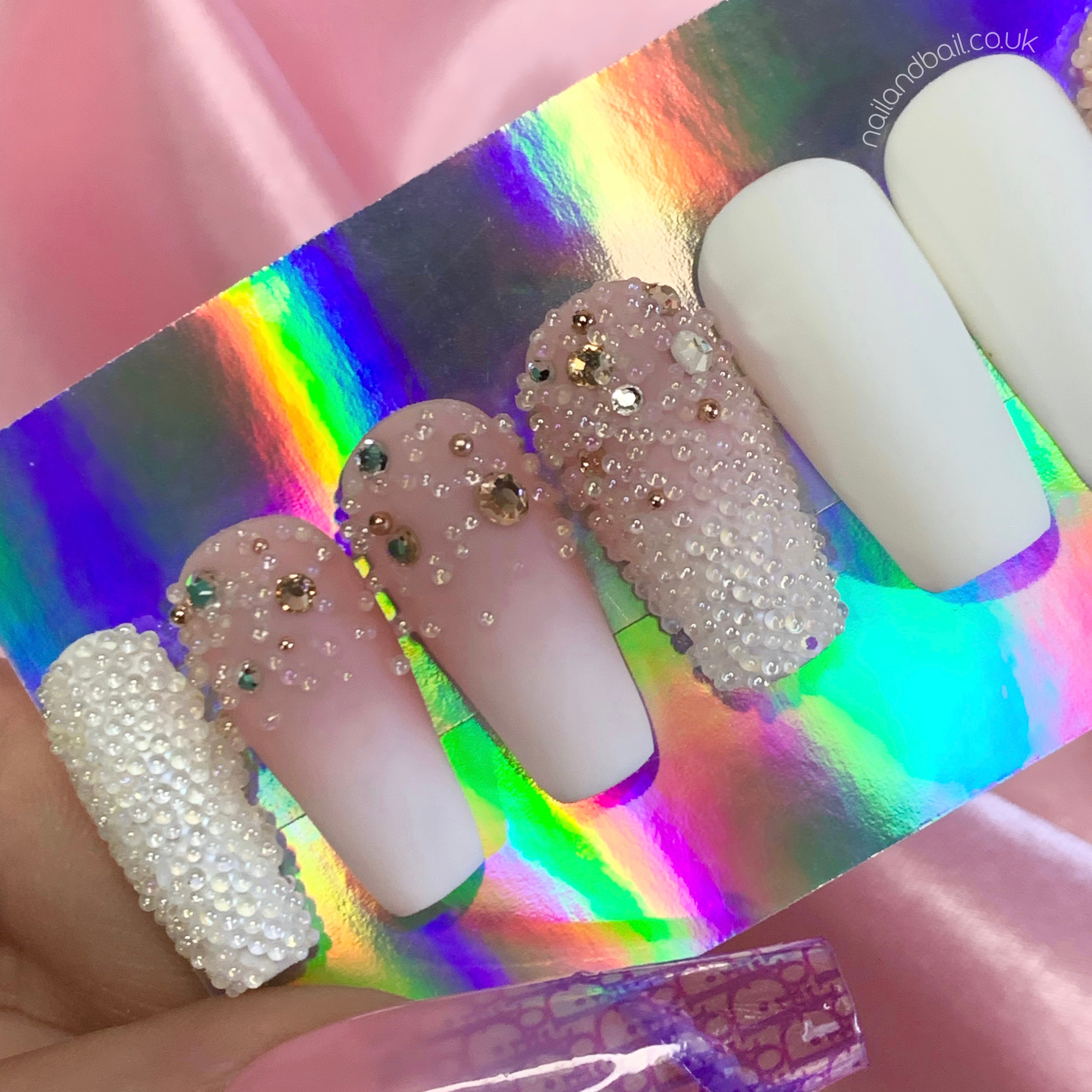 Pink nude and white ombré press-on nails with luxury crystal details