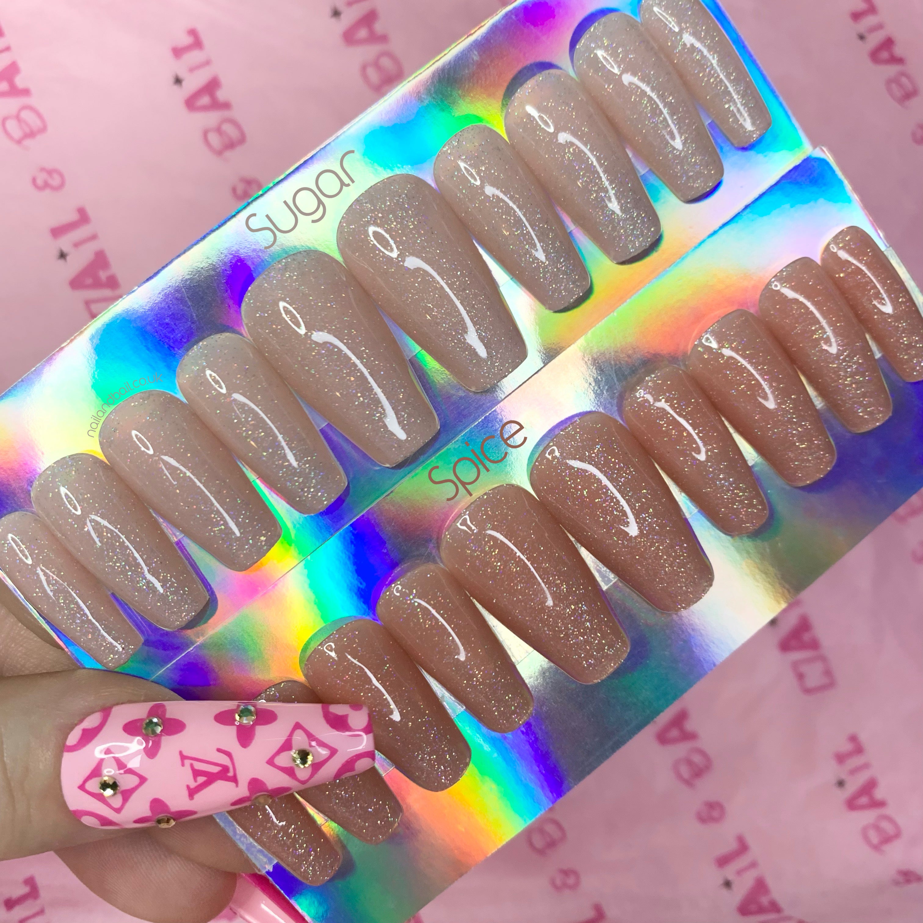 Jelly nude glitter press-on nails available in light and dark nude sparkling finishes