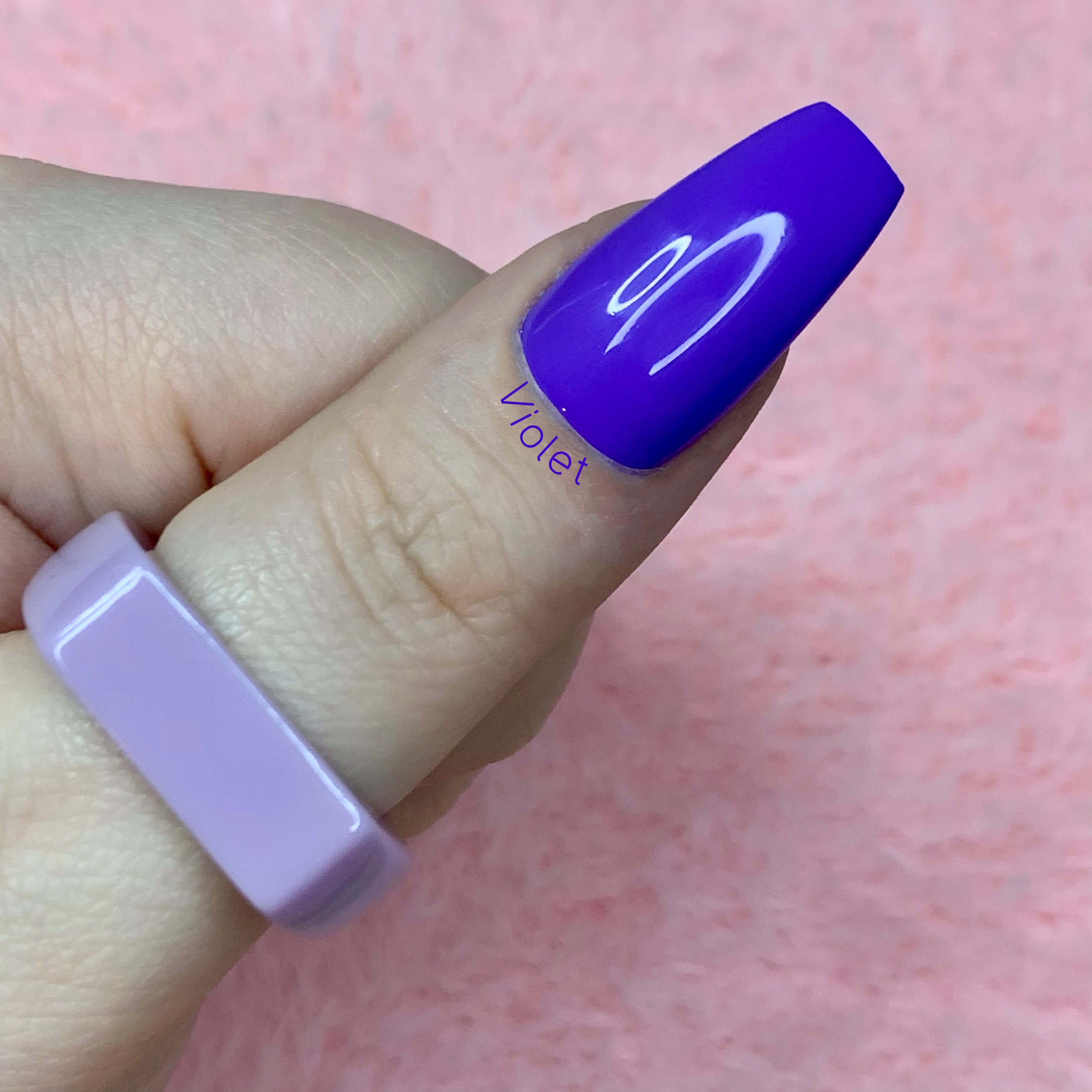 Violet dark purple glossy press-on nails with a bold spring-inspired colour